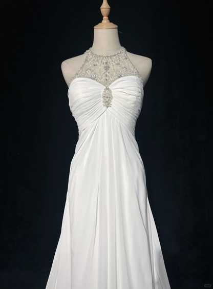 Robe de mariée vintage des années 1960, coupe trapèze, col bijou, mousseline, longue, blanche, élégante, DH658