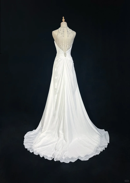 Robe de mariée vintage des années 1960, coupe trapèze, col bijou, mousseline, longue, blanche, élégante, DH658