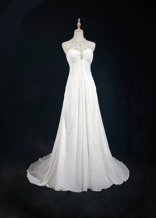 Robe de mariée vintage des années 1960, coupe trapèze, col bijou, mousseline, longue, blanche, élégante, DH658