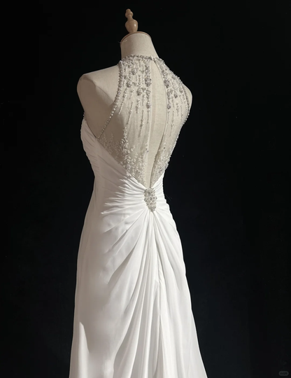 Robe de mariée vintage des années 1960, coupe trapèze, col bijou, mousseline, longue, blanche, élégante, DH658