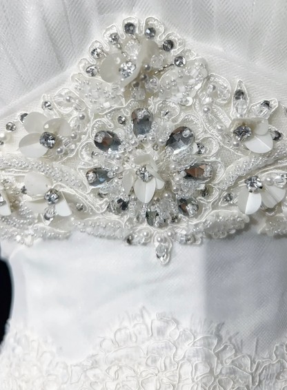 Robe de mariée vintage des années 1960, coupe trapèze, sans bretelles, en tulle et dentelle, longue, blanche, élégante, DH662