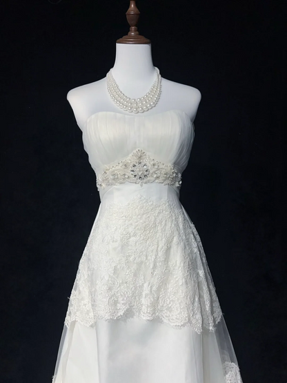Robe de mariée vintage des années 1960, coupe trapèze, sans bretelles, en tulle et dentelle, longue, blanche, élégante, DH662