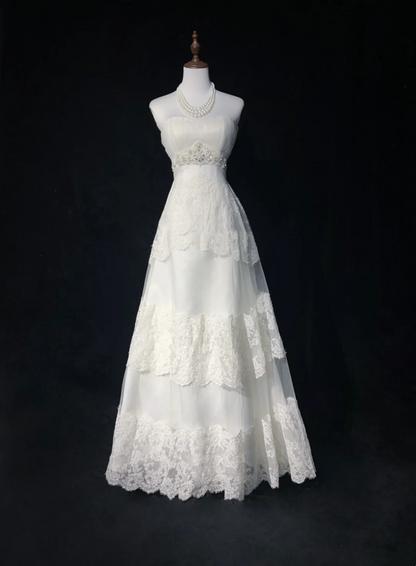 Robe de mariée vintage des années 1960, coupe trapèze, sans bretelles, en tulle et dentelle, longue, blanche, élégante, DH662