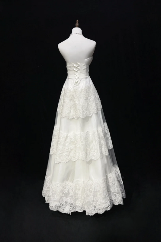 Robe de mariée vintage des années 1960, coupe trapèze, sans bretelles, en tulle et dentelle, longue, blanche, élégante, DH662