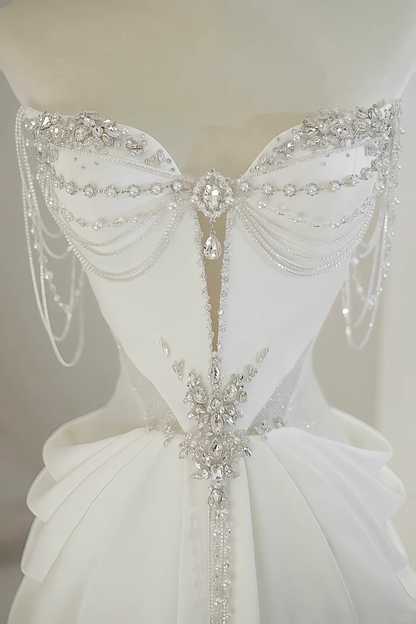 Unique Bridal Gown A Line Sweetheart White Satin Long Wedding Dresses Silver Beads Elegant Brides Gowns DH736