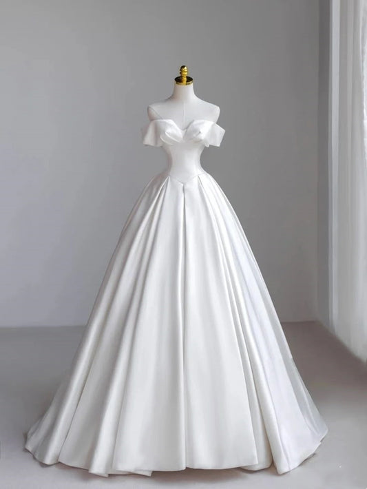 Classic Bridal Gown Ball Gown Off The Shoulder Short Sleeves Satin White Wedding Dresses Minimalist Bridal Gowns DH742