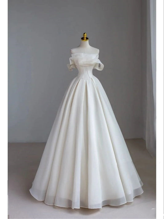 Classic Bridal Gown Ball Gown Off The Shoulder Short Sleeves Satin White Wedding Dresses Elegant Bridal Gowns DH744