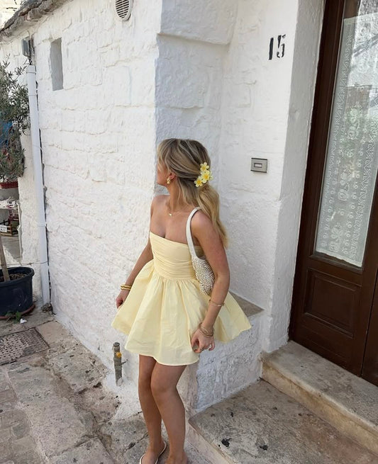 Cute A line Strapless Yellow Chiffon Mini Short Formal 8th Grade Homecoming Dresses Summer Middle School Hoco Dress Homecoming Outfits 25 Birthday Dress DH796