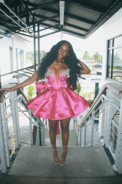 Cute Ball Gown Sweetheart Pink Satin Sleeveless Mini Short Formal 8th Grade Homecoming Dresses Summer Middle School Hoco Dress Homecoming Outfits DH802