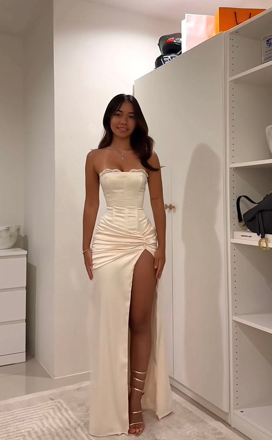 Elegant Mermaid Strapless Slit Satin Long Prom Dresses Party Dress Summer 20th Birthday Outfits 18th Birthday Dresses DH813