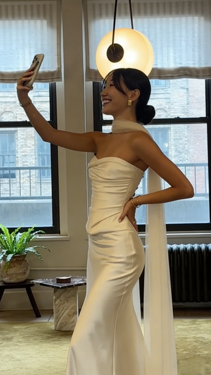 Ethereal Wedding Dress Sheath Strapless Satin Long Ivory Wedding Dresses Bridal Gowns DH863