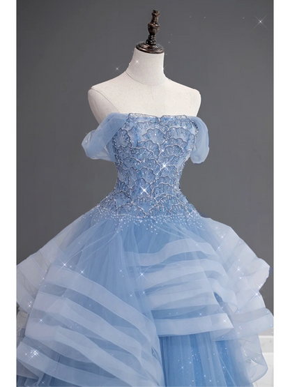 Hübsches Ballkleid aus der Schulter blau Tüll lange Quinceanera Kleid formale Kleider Vestido de 15 Anos Sweet 16 Kleid DH866