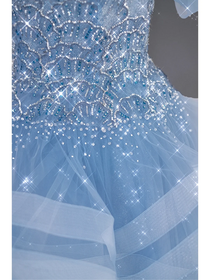 Hübsches Ballkleid aus der Schulter blau Tüll lange Quinceanera Kleid formale Kleider Vestido de 15 Anos Sweet 16 Kleid DH866