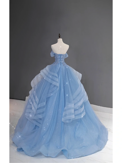 Hübsches Ballkleid aus der Schulter blau Tüll lange Quinceanera Kleid formale Kleider Vestido de 15 Anos Sweet 16 Kleid DH866