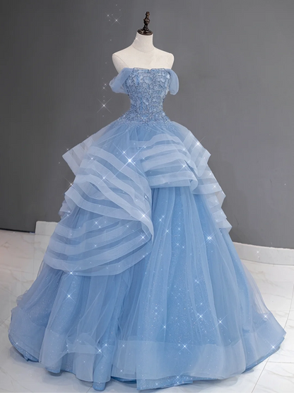 Hübsches Ballkleid aus der Schulter blau Tüll lange Quinceanera Kleid formale Kleider Vestido de 15 Anos Sweet 16 Kleid DH866