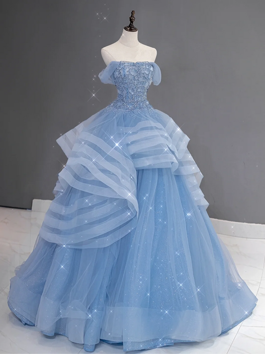 Hübsches Ballkleid aus der Schulter blau Tüll lange Quinceanera Kleid formale Kleider Vestido de 15 Anos Sweet 16 Kleid DH866