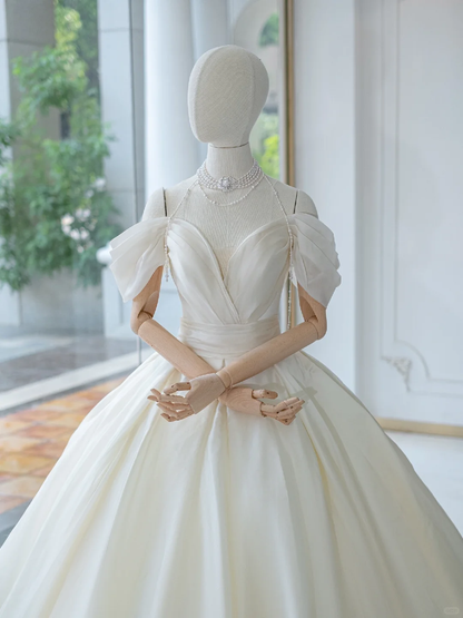 Timeless Bridal Gown Ball Gown Off The Shoulder Satin Long White Wedding Dresses Elegant Bridal Gowns DH879