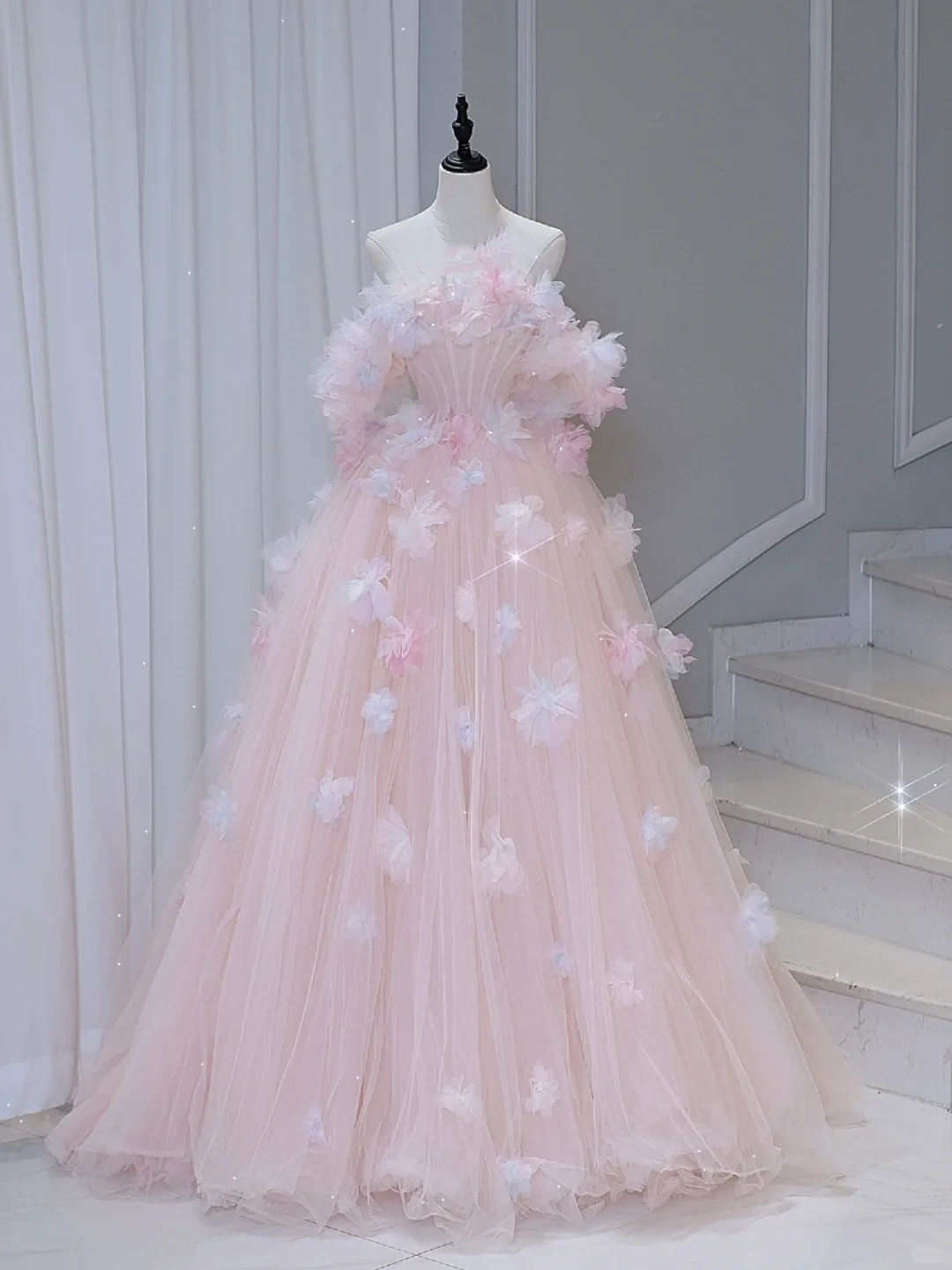 Hübsches Ballkleid aus der Schulter rosa Tüll lange Quinceanera Kleid formale Kleider Vestido de 15 Anos Sweet 16 Kleid DH884
