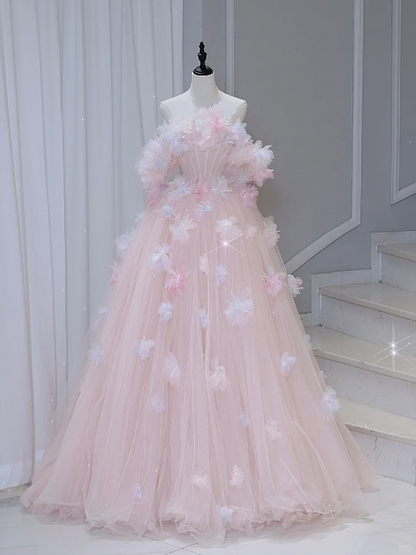 Hübsches Ballkleid aus der Schulter rosa Tüll lange Quinceanera Kleid formale Kleider Vestido de 15 Anos Sweet 16 Kleid DH884