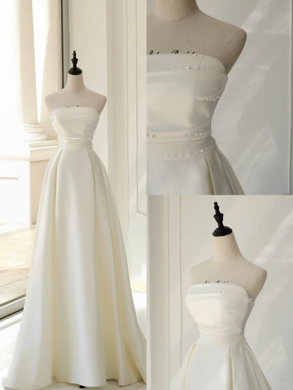 Timeless Bridal Dress A line Strapless Satin White Wedding Dresses Elegant Bridal Gowns DH896