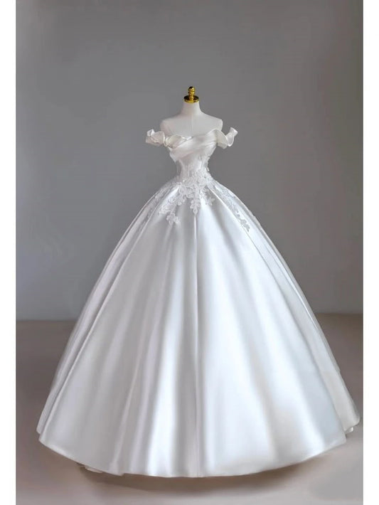 Prinzessin Brautkleid Ballkleid Weg Von Der Schulter Weiß Spitze Kurzen Ärmeln Lange Brautkleider Elegante Brautkleider DH923