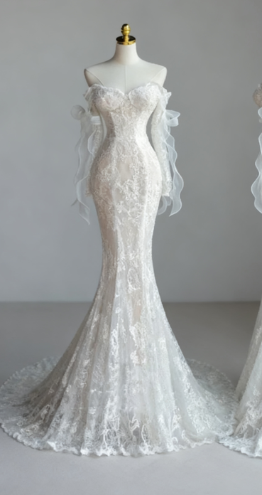 Simple Bridal Gown Mermaid Off The Shoulder White Long Sleeves Lace Wedding Dresses Elegant Bridal Gowns DH929