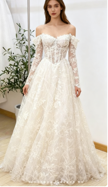 Robe de mariée intemporelle, robe de bal, épaules dénudées, dentelle blanche, manches longues, robes de mariée élégantes DH952