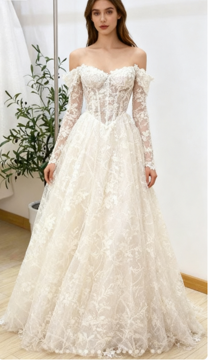 Robe de mariée intemporelle, robe de bal, épaules dénudées, dentelle blanche, manches longues, robes de mariée élégantes DH952