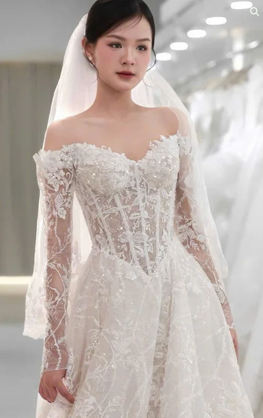 Robe de mariée intemporelle, robe de bal, épaules dénudées, dentelle blanche, manches longues, robes de mariée élégantes DH952