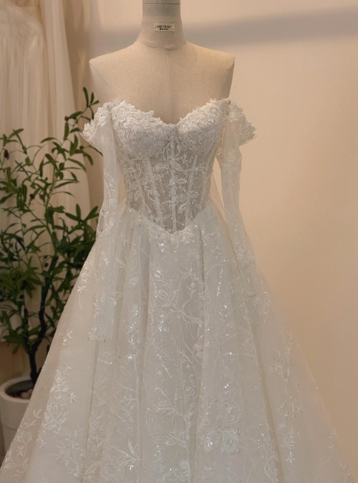 Robe de mariée intemporelle, robe de bal, épaules dénudées, dentelle blanche, manches longues, robes de mariée élégantes DH952