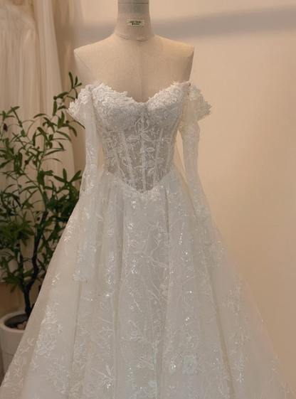 Robe de mariée intemporelle, robe de bal, épaules dénudées, dentelle blanche, manches longues, robes de mariée élégantes DH952