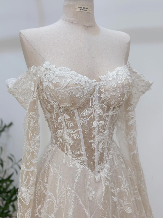 Robe de mariée intemporelle, robe de bal, épaules dénudées, dentelle blanche, manches longues, robes de mariée élégantes DH952