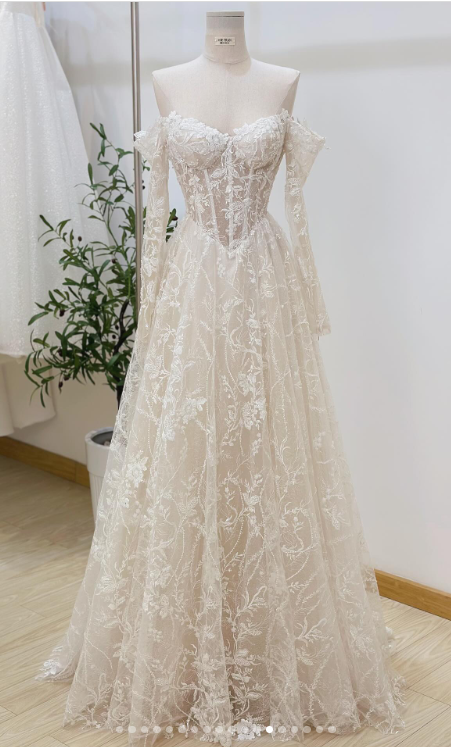 Robe de mariée intemporelle, robe de bal, épaules dénudées, dentelle blanche, manches longues, robes de mariée élégantes DH952