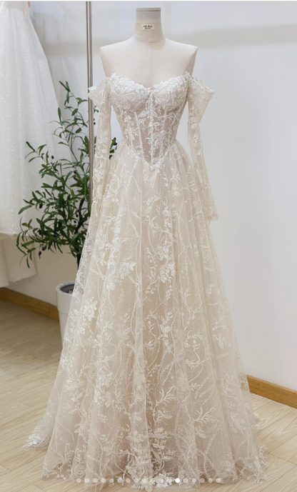 Robe de mariée intemporelle, robe de bal, épaules dénudées, dentelle blanche, manches longues, robes de mariée élégantes DH952