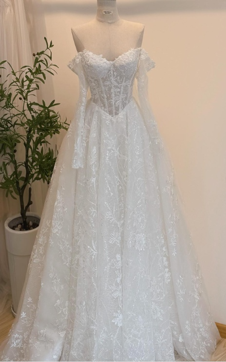 Robe de mariée intemporelle, robe de bal, épaules dénudées, dentelle blanche, manches longues, robes de mariée élégantes DH952