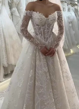 Robe de mariée intemporelle, robe de bal, épaules dénudées, dentelle blanche, manches longues, robes de mariée élégantes DH952