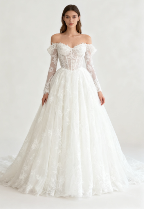 Robe de mariée intemporelle, robe de bal, épaules dénudées, dentelle blanche, manches longues, robes de mariée élégantes DH952
