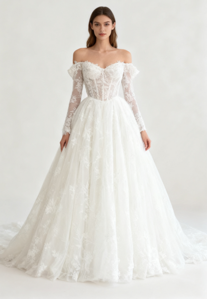Robe de mariée intemporelle, robe de bal, épaules dénudées, dentelle blanche, manches longues, robes de mariée élégantes DH952