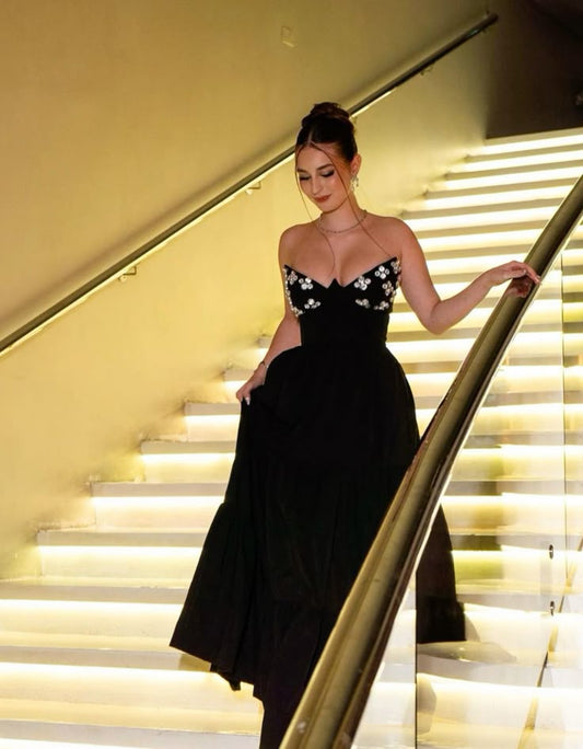 Elegant A line Sweetheart Black Satin Long Prom Dresses Party Dress Summer 20th Birthday Outfits 18th Birthday Dresses DH968