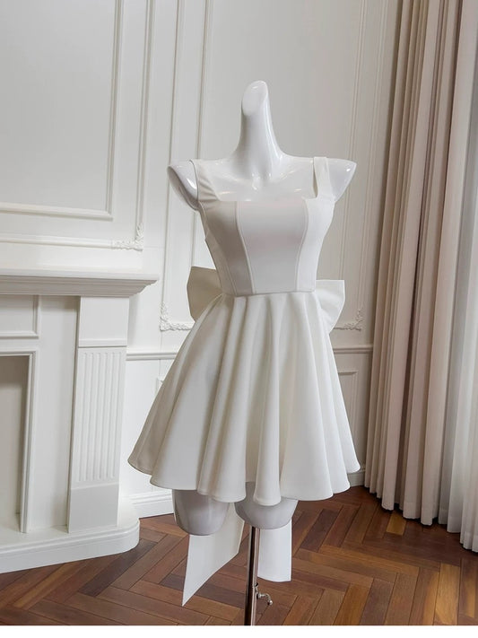 Cute A line Square Neck Short Satin White Formal 8th Grade Homecoming Dresses Summer Middle School Hoco Dress Homecoming Outfits DH97