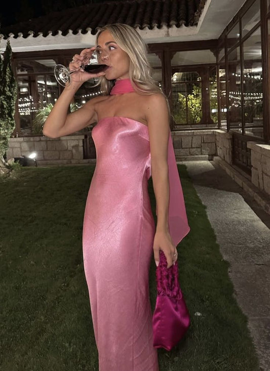 Elegant A Line Strapless Satin Pink Long Prom Dresses Party Dress Summer 20th Birthday Outfits 18th Birthday Dresses DH991