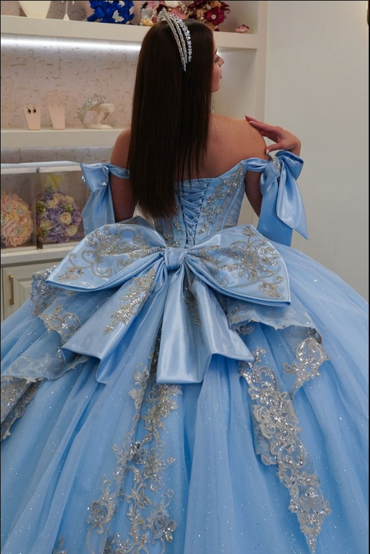 Classy Off-the-Shoulder Ball Gown Tulle Applique Quinceanera Dresses Blue Sweet 16 Dress DP2966