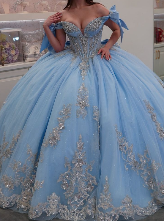 Classy Off-the-Shoulder Ball Gown Tulle Applique Quinceanera Dresses Blue Sweet 16 Dress DP2966