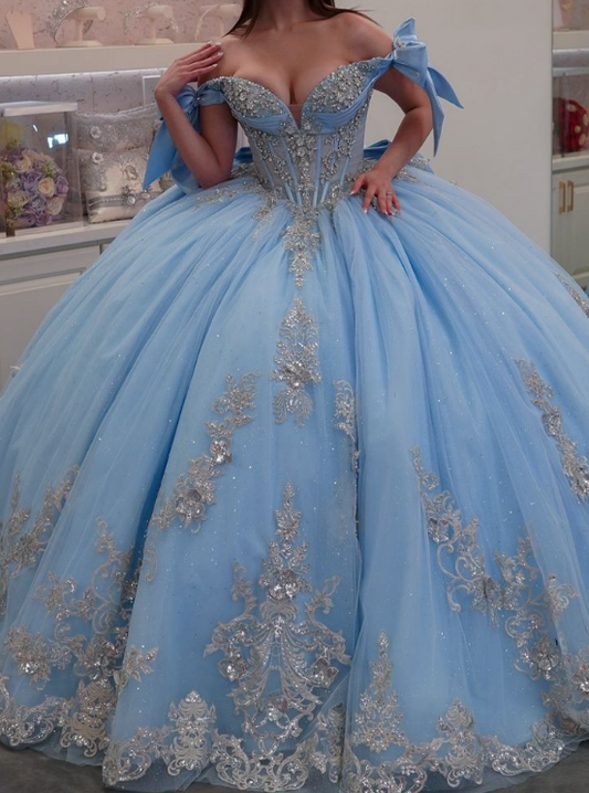 Classy Off-the-Shoulder Ball Gown Tulle Applique Quinceanera Dresses Blue Sweet 16 Dress DP2966