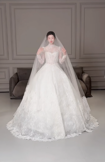 Modest Turtleneck Ball Gown Lace Applique Wedding Dress Elegant Long Sleeve Bridal Dress DP2968