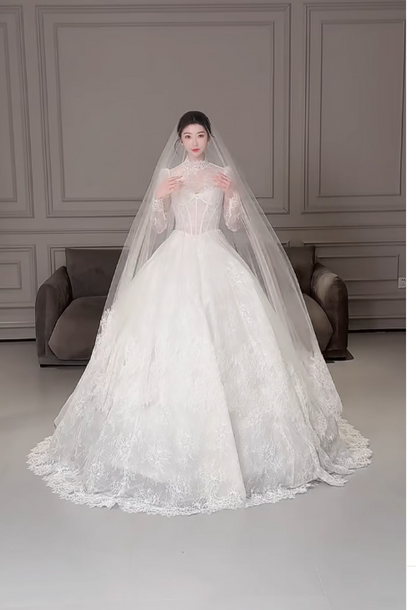 Modest Turtleneck Ball Gown Lace Applique Wedding Dress Elegant Long Sleeve Bridal Dress DP2968
