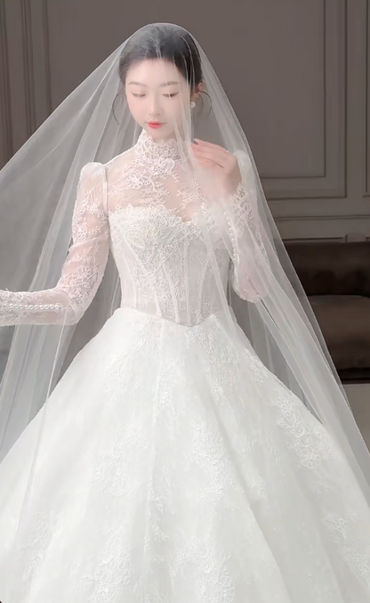 Modest Turtleneck Ball Gown Lace Applique Wedding Dress Elegant Long Sleeve Bridal Dress DP2968