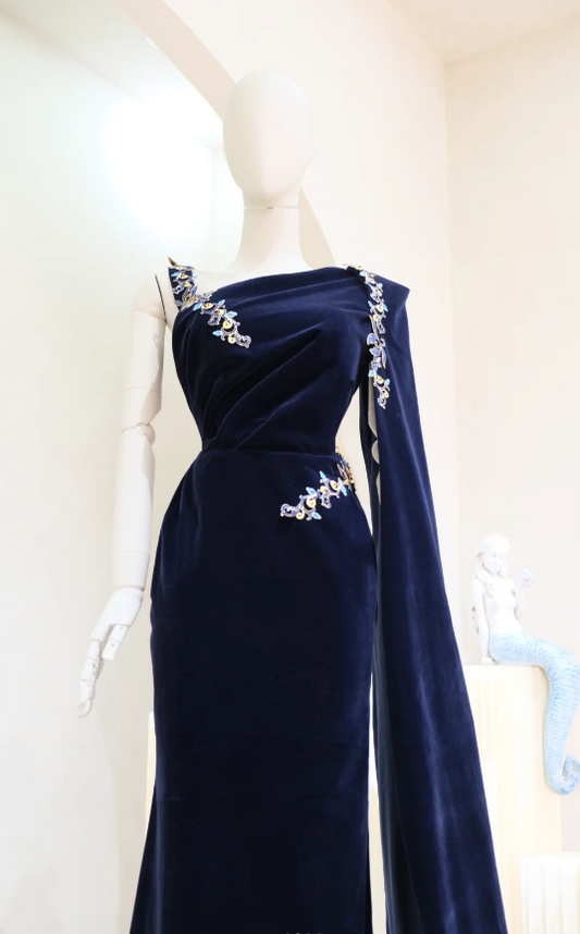 Elegant Sheath Navy Blue Long Prom Dresses, Asymmetrical Neck Navy Blue Bridal Mother-of-the-Bride Dress DP04003