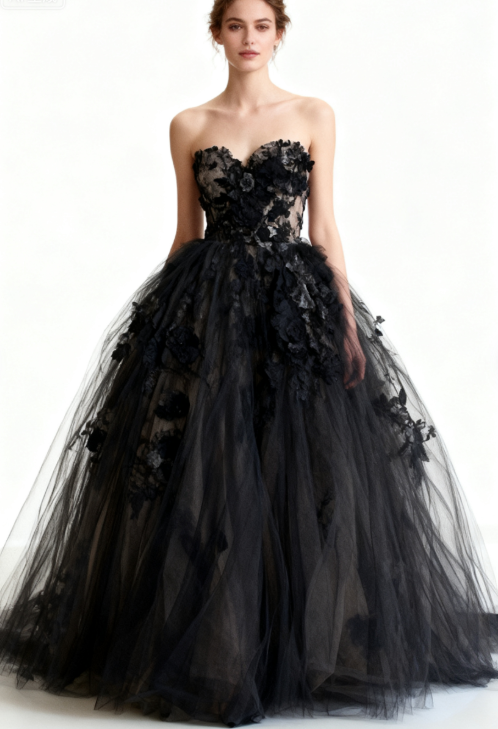 Gorgeous A-Line Black Long Prom Dresses Sweetheart Neck Tulle Appliques Quicneanera Dresses Sweet 16 Dresses DP04008