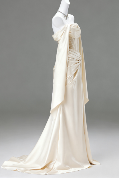 Elegant Sheath Light Champagne Long Prom Dresses; Satin Light Champagne  Evening Dresses DP04009